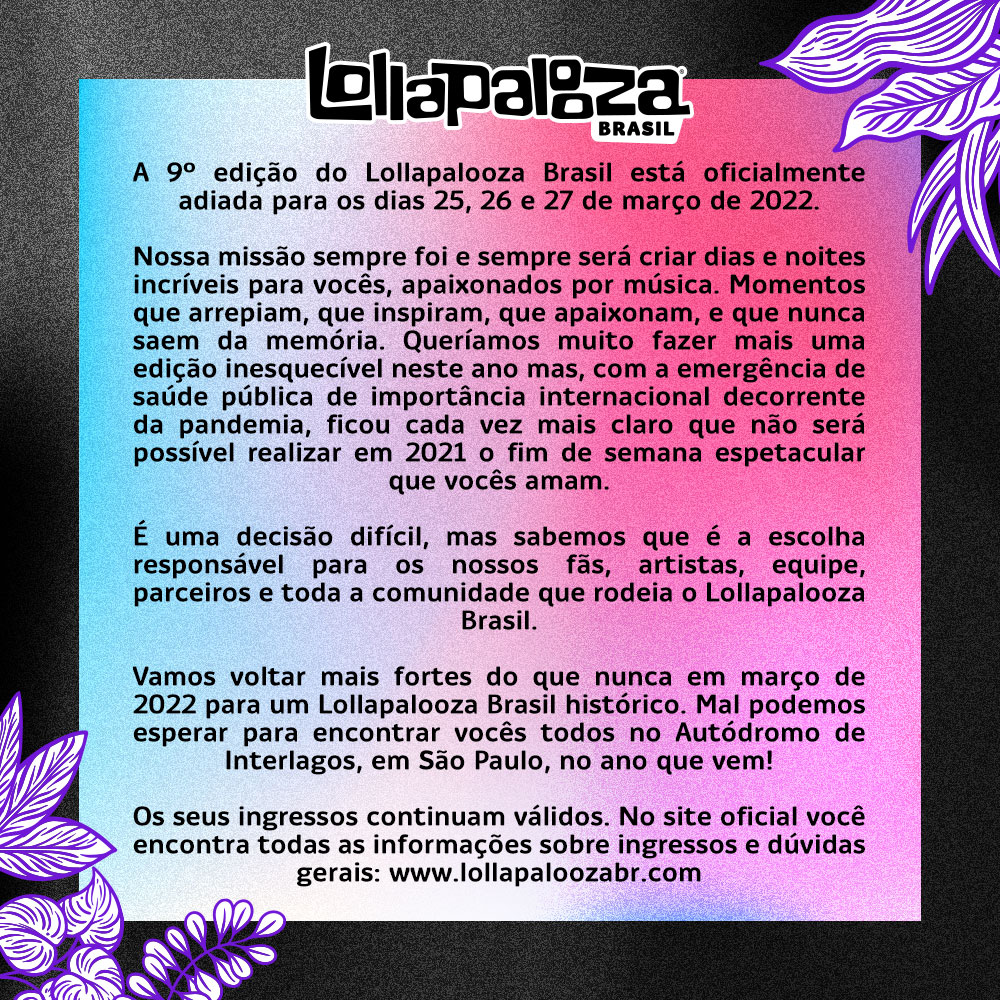 Lollapalooza Brasil é adiado